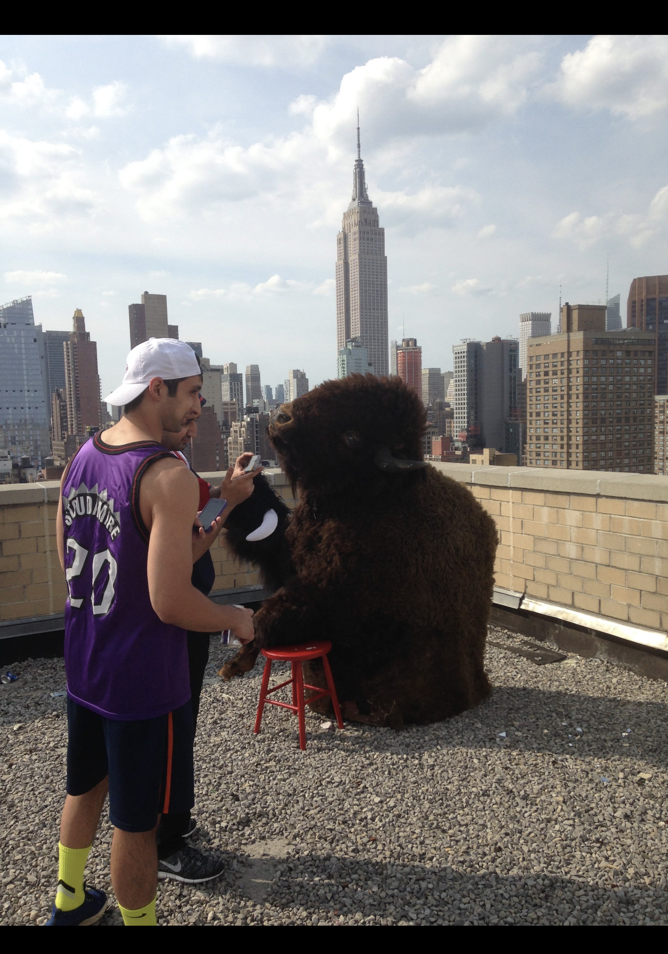 A person in a full buffalo costume sitting on a red stool on a Manhattan rooftop, the Empire State Building behind, a man in a purple Stoudemire jersey photographing it