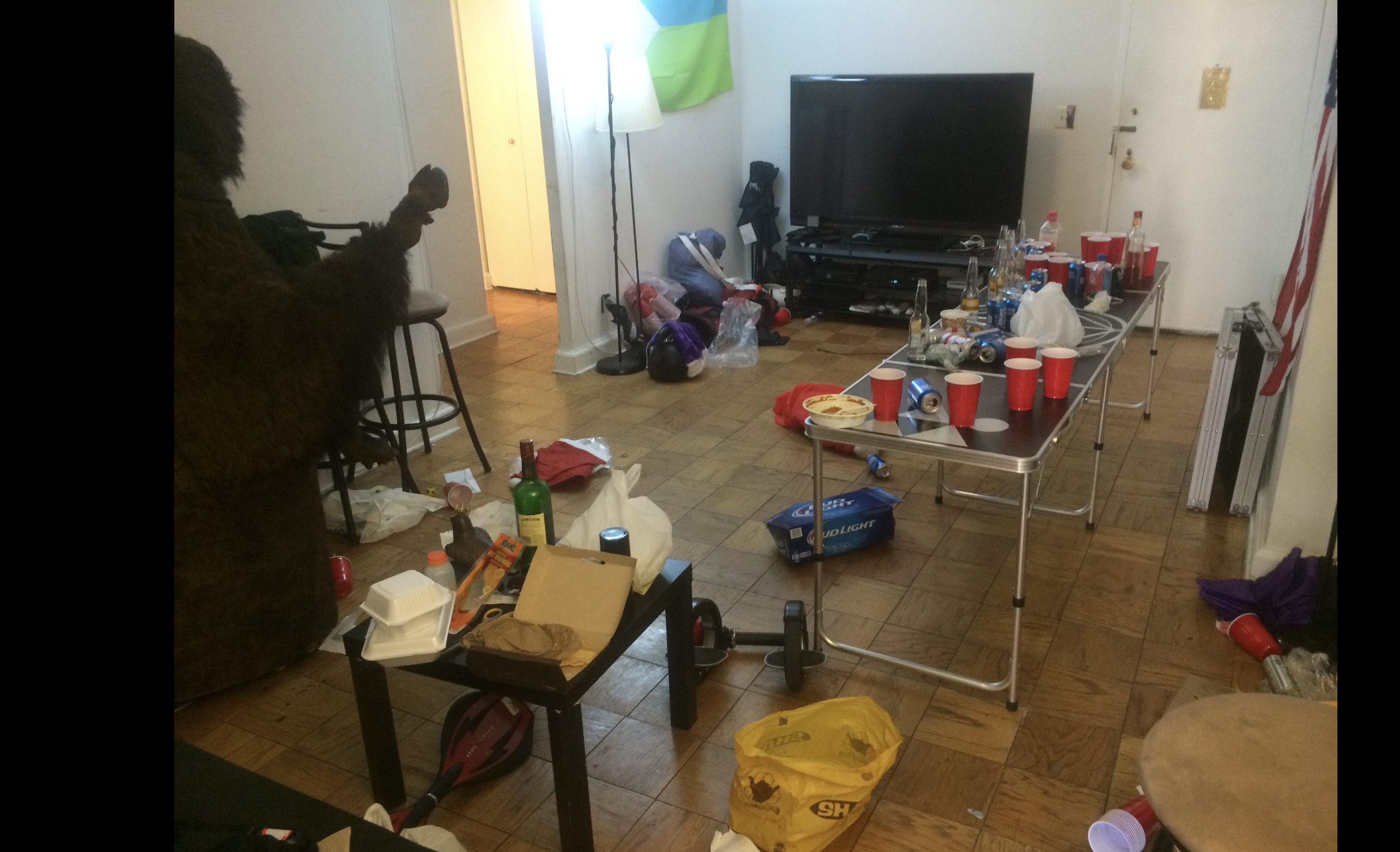 The 7H apartment after a party: a beer-pong table covered in red cups and cans, the buffalo costume slumped on a stool, flags on the wall, and trash across the floor