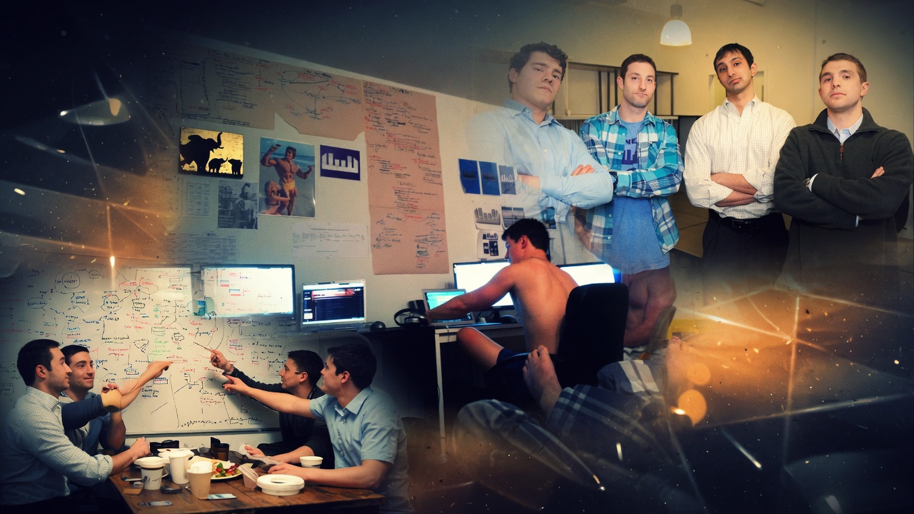 A stylized montage of the NiteEvo startup grind — the crew posed like founders, whiteboards covered in diagrams, and someone coding shirtless at a wall of monitors.